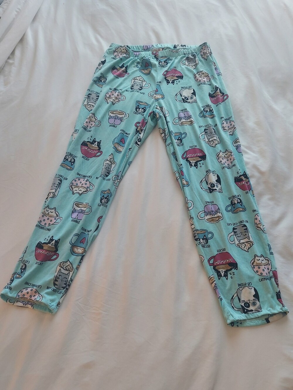 Secret Treasures Aqua Cat In Coffee Cups Pajama Bottoms